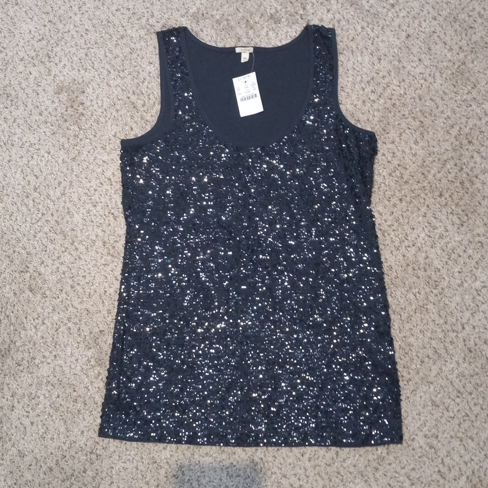 J.CREW sequined xs navy tank top, $89.99, NWT
